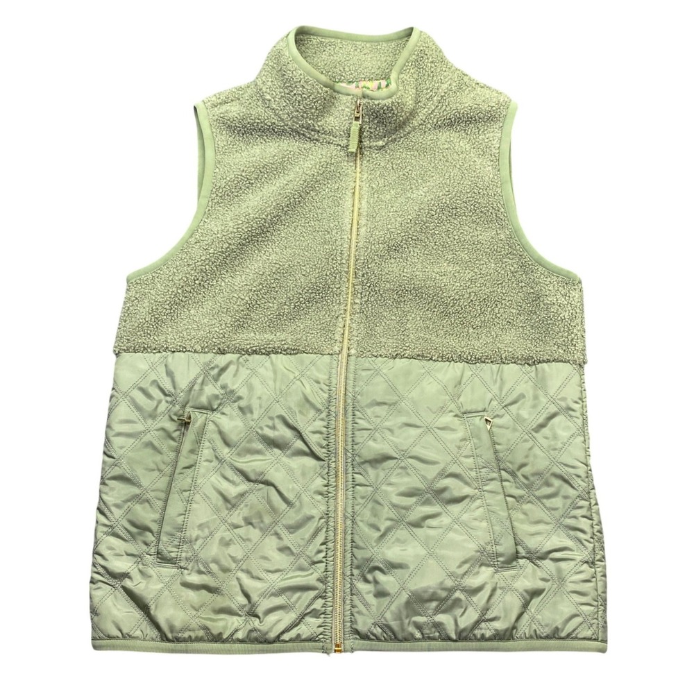 Tommy Bahama Womens Small Sage Green Sherpa Quilted Mixed Media Full Zip Vest